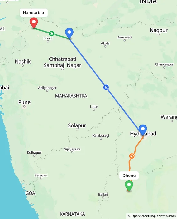 Route map showing distance and travel time from Dhone, India to Nandurbar, India
