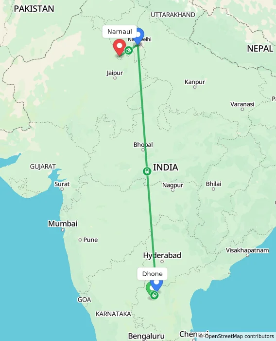 Route map showing distance and travel time from Dhone, India to Narnaul, India