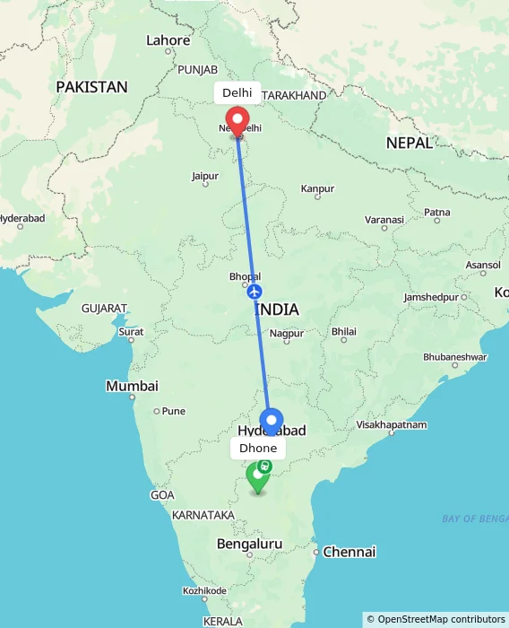 Route map showing distance and travel time from Dhone, India to Delhi, India