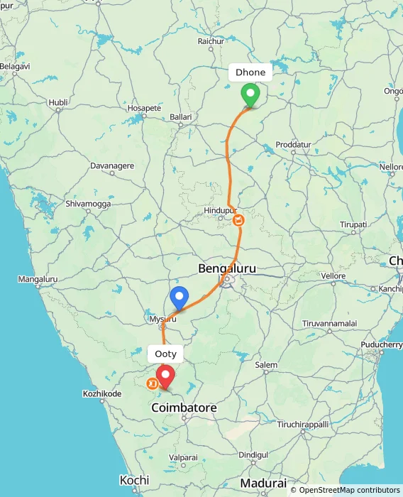 Route map showing distance and travel time from Dhone, India to Ooty, India