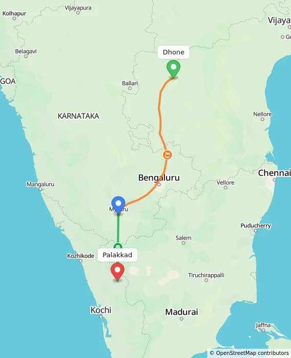 Route map showing distance and travel time from Dhone, India to Palakkad, India
