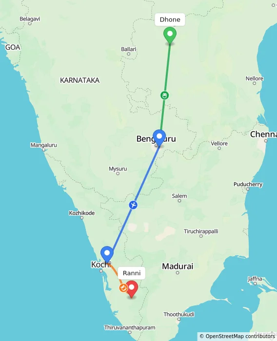 Route map showing distance and travel time from Dhone, India to Ranni, India