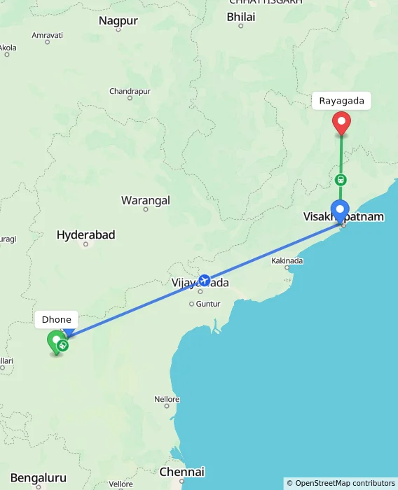 Route map showing distance and travel time from Dhone, India to Rayagada, India