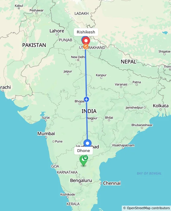 Route map showing distance and travel time from Dhone, India to Rishikesh, India