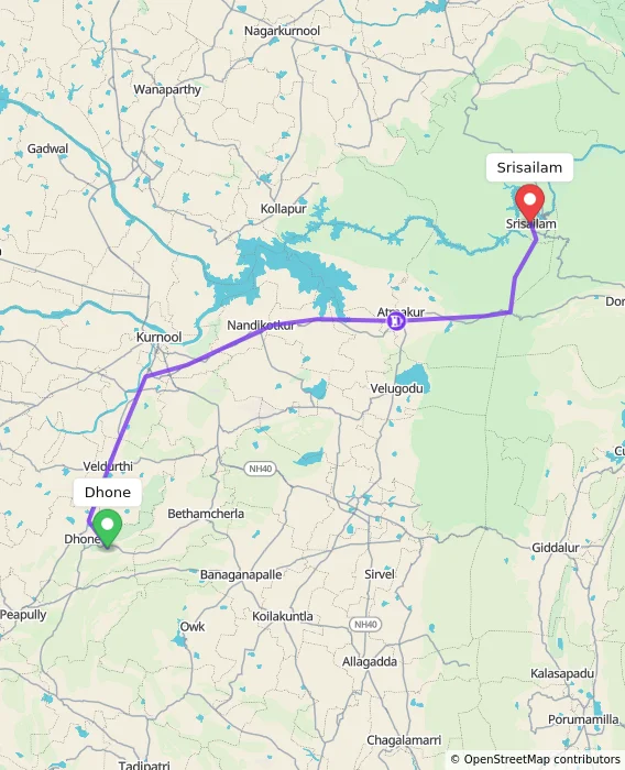 Route map showing distance and travel time from Dhone, India to Srisailam, India