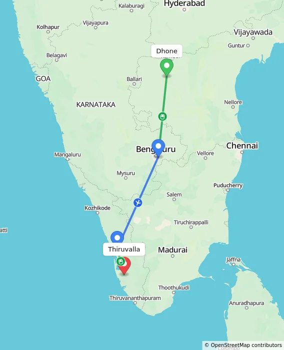 Route map showing distance and travel time from Dhone, India to Thiruvalla, India