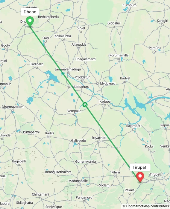 Route map showing distance and travel time from Dhone, India to Tirupati, India