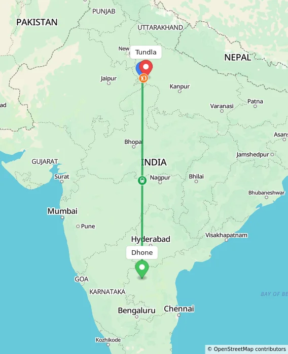 Route map showing distance and travel time from Dhone, India to Tundla, India