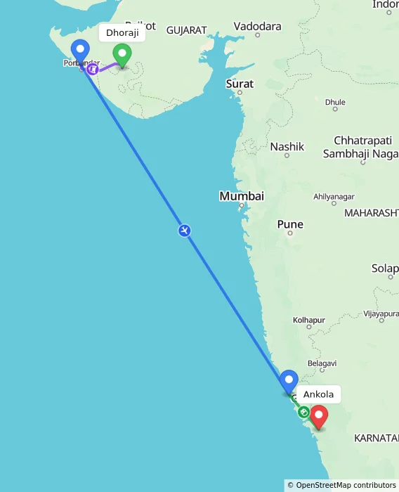 Route map showing distance and travel time from Dhoraji, India to Ankola, India