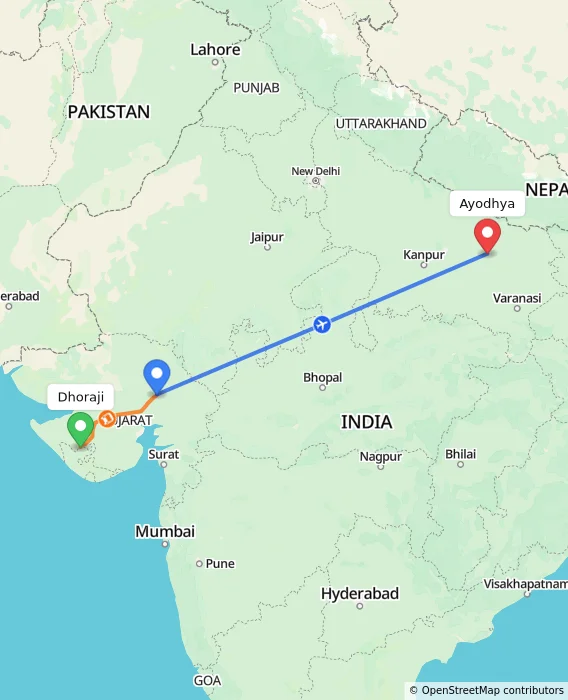 Route map showing distance and travel time from Dhoraji, India to Ayodhya, India