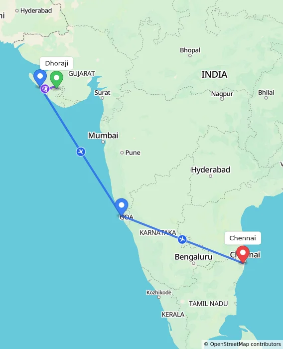 Route map showing distance and travel time from Dhoraji, India to Chennai, India
