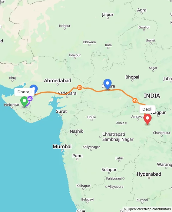 Route map showing distance and travel time from Dhoraji, India to Deoli, India