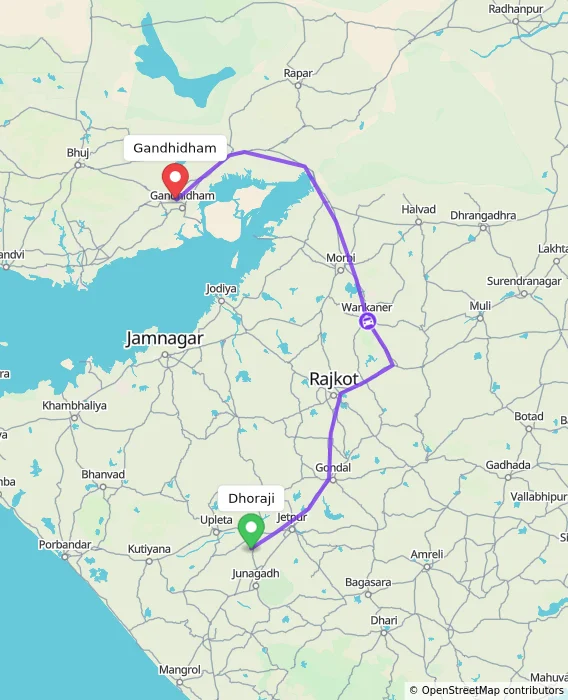 Route map showing distance and travel time from Dhoraji, India to Gandhidham, India