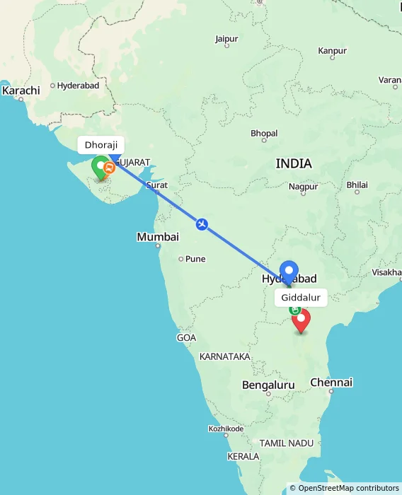 Route map showing distance and travel time from Dhoraji, India to Giddalur, India