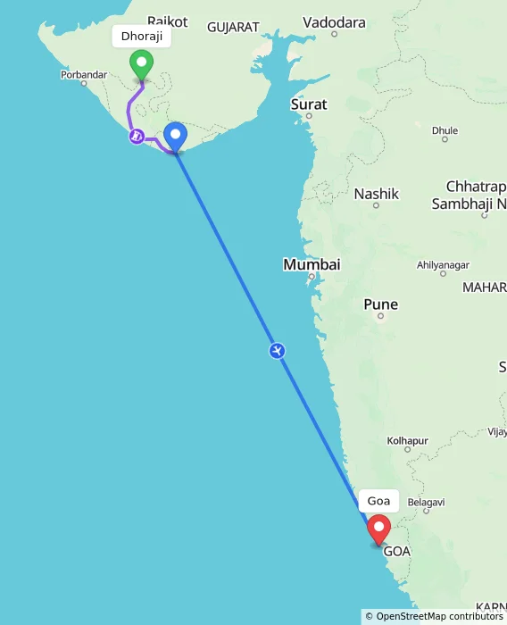 Route map showing distance and travel time from Dhoraji, India to Goa, India