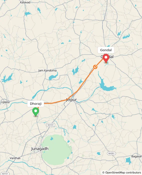 Route map showing distance and travel time from Dhoraji, India to Gondal, India