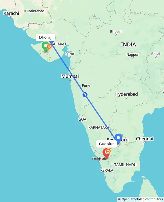 Route map showing distance and travel time from Dhoraji, India to Gudalur, India