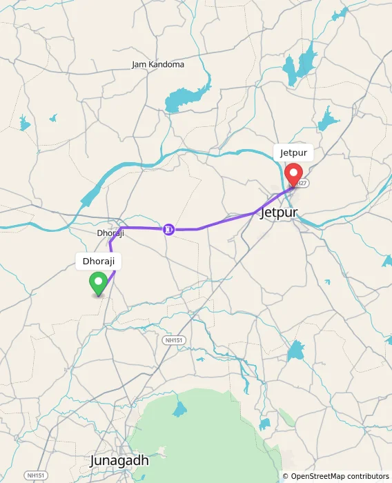 Route map showing distance and travel time from Dhoraji, India to Jetpur, India