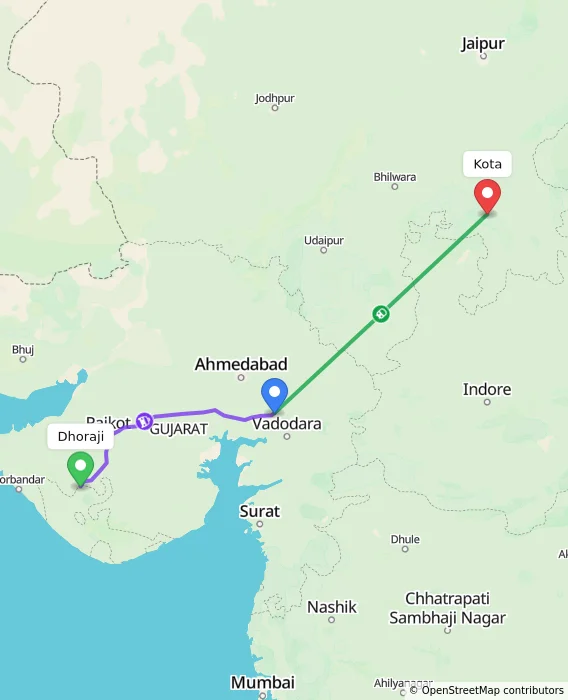 Route map showing distance and travel time from Dhoraji, India to Kota, India