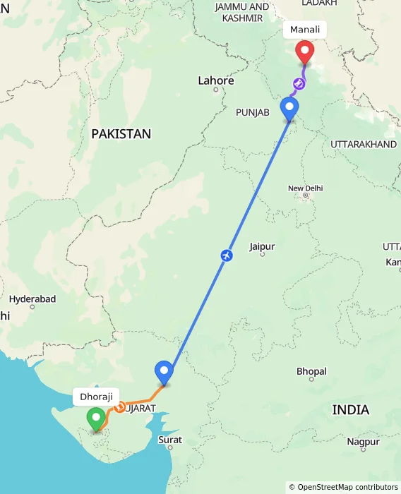 Route map showing distance and travel time from Dhoraji, India to Manali, India
