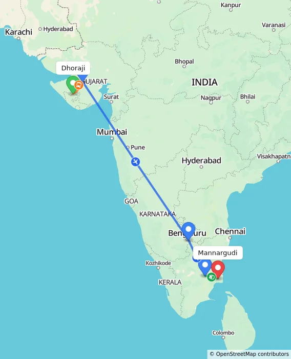 Route map showing distance and travel time from Dhoraji, India to Mannargudi, India