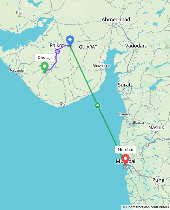 Route map showing distance and travel time from Dhoraji, India to Mumbai, India