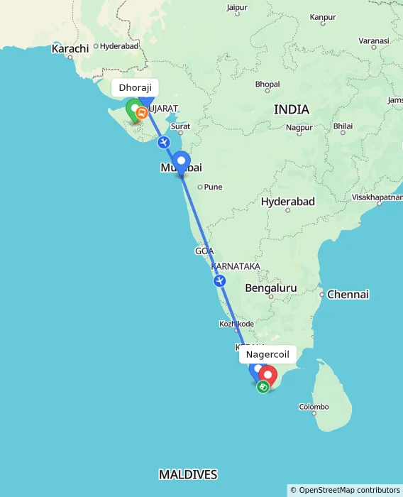 Route map showing distance and travel time from Dhoraji, India to Nagercoil, India