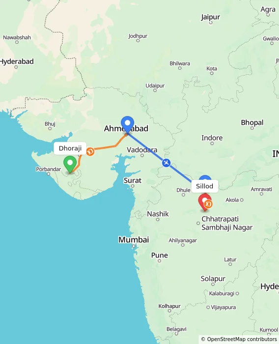 Route map showing distance and travel time from Dhoraji, India to Sillod, India