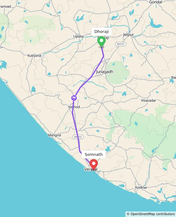 Route map showing distance and travel time from Dhoraji, India to Somnath, India