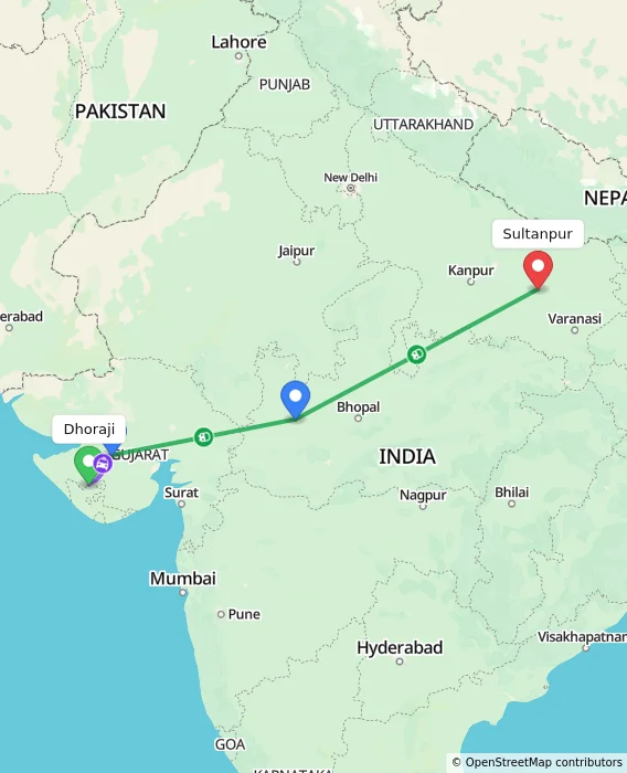 Route map showing distance and travel time from Dhoraji, India to Sultanpur, India