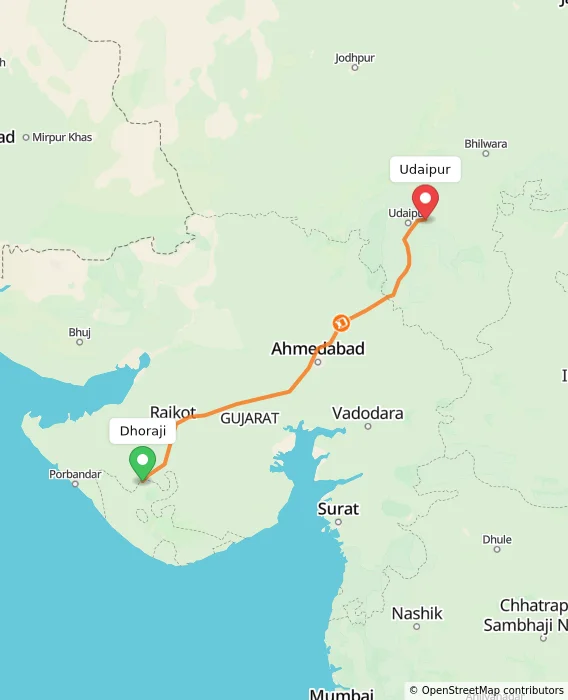 Route map showing distance and travel time from Dhoraji, India to Udaipur, India