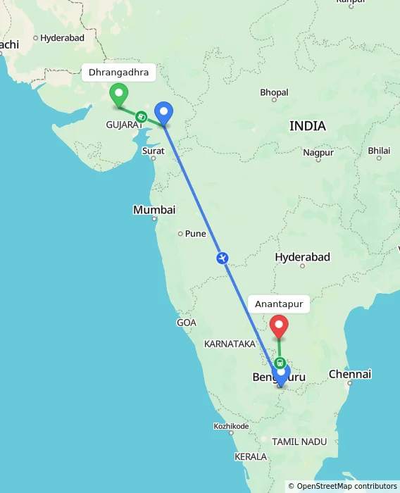 Route map showing distance and travel time from Dhrangadhra, India to Anantapur, India
