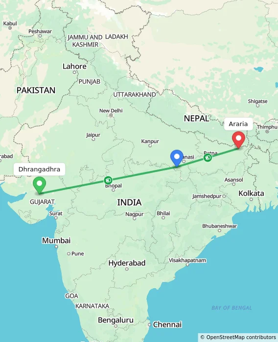 Route map showing distance and travel time from Dhrangadhra, India to Araria, India