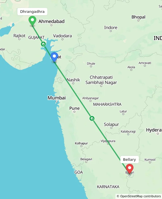 Route map showing distance and travel time from Dhrangadhra, India to Bellary, India