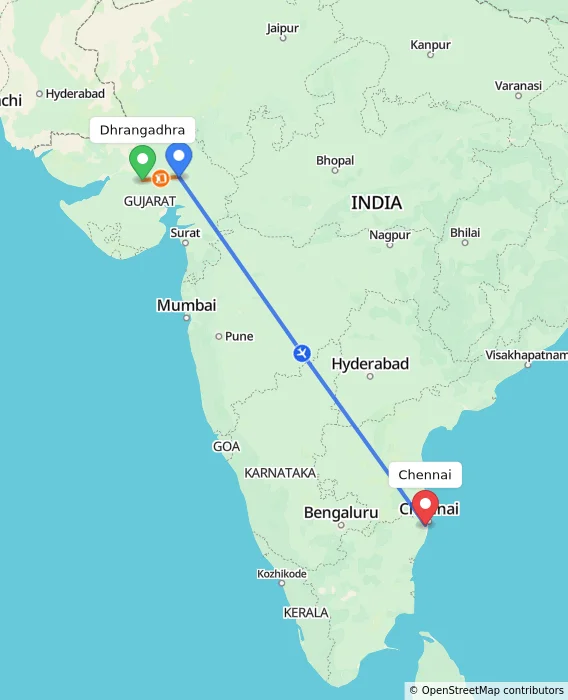 Route map showing distance and travel time from Dhrangadhra, India to Chennai, India