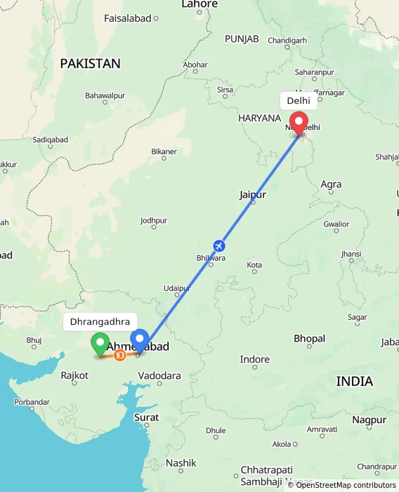 Route map showing distance and travel time from Dhrangadhra, India to Delhi, India