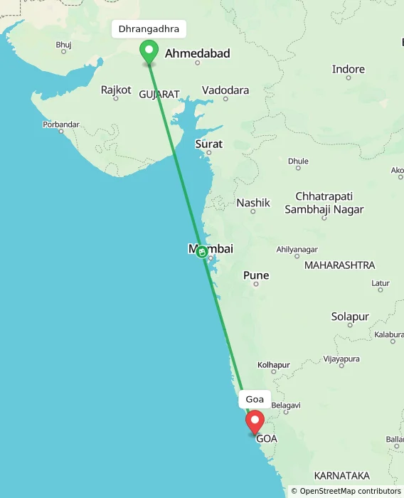 Route map showing distance and travel time from Dhrangadhra, India to Goa, India
