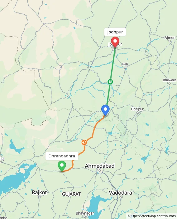 Route map showing distance and travel time from Dhrangadhra, India to Jodhpur, India