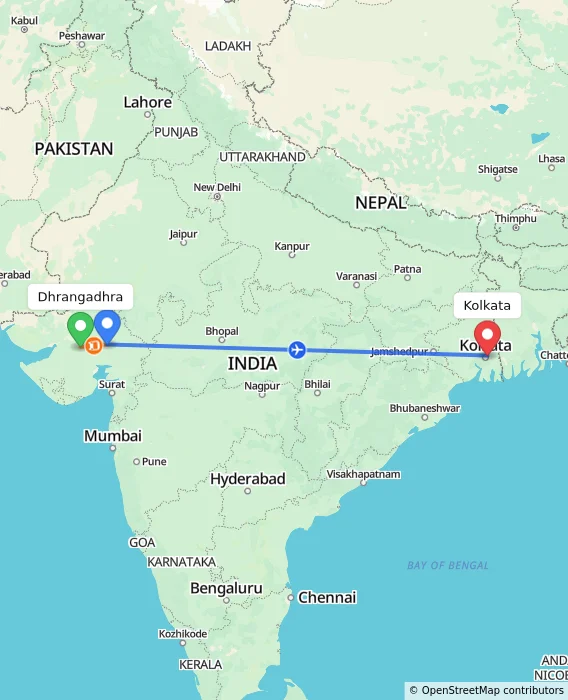 Route map showing distance and travel time from Dhrangadhra, India to Kolkata, India