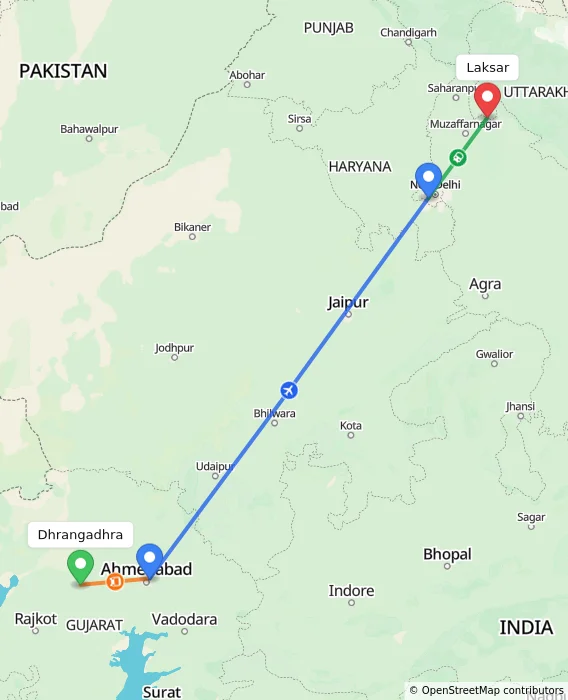 Route map showing distance and travel time from Dhrangadhra, India to Laksar, India