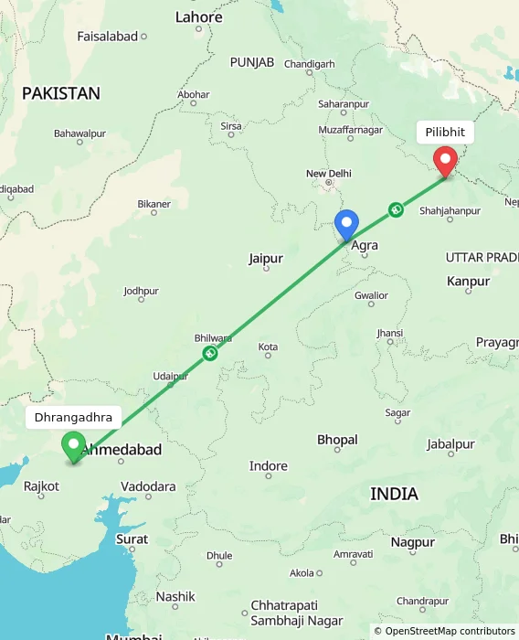 Route map showing distance and travel time from Dhrangadhra, India to Pilibhit, India