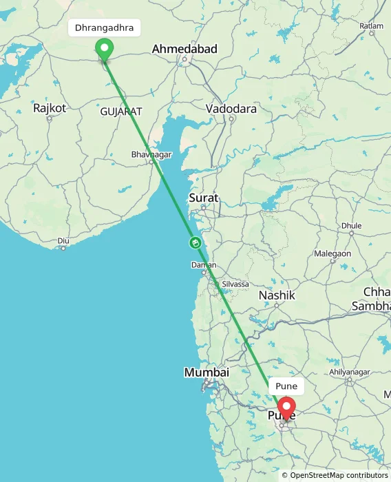 Route map showing distance and travel time from Dhrangadhra, India to Pune, India