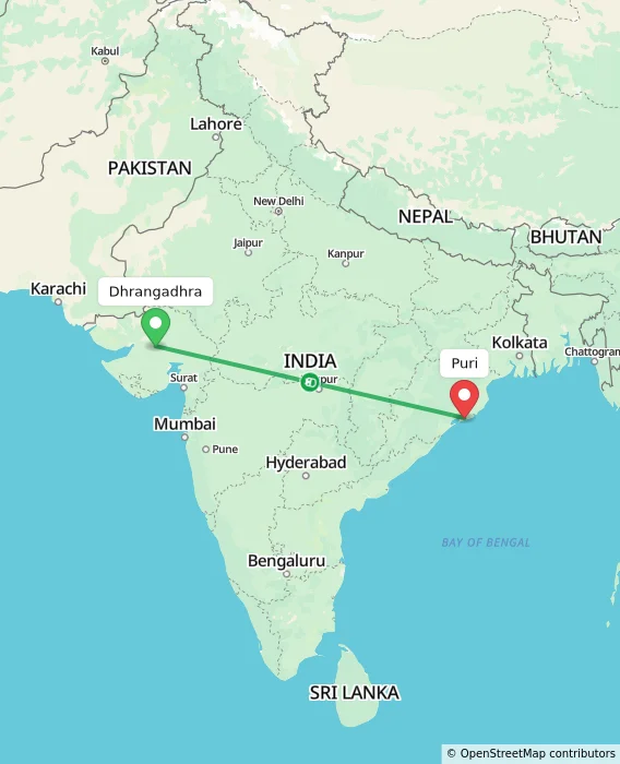 Route map showing distance and travel time from Dhrangadhra, India to Puri, India