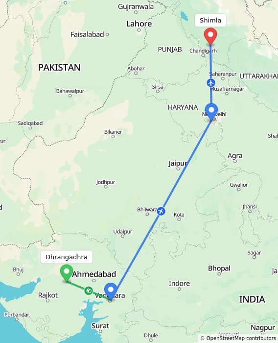 Route map showing distance and travel time from Dhrangadhra, India to Shimla, India
