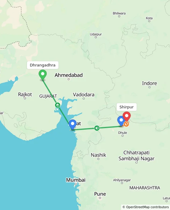 Route map showing distance and travel time from Dhrangadhra, India to Shirpur, India