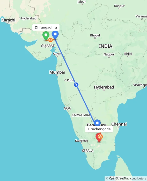 Route map showing distance and travel time from Dhrangadhra, India to Tiruchengode, India