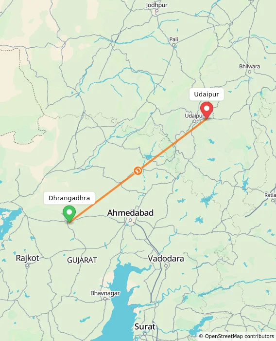 Route map showing distance and travel time from Dhrangadhra, India to Udaipur, India
