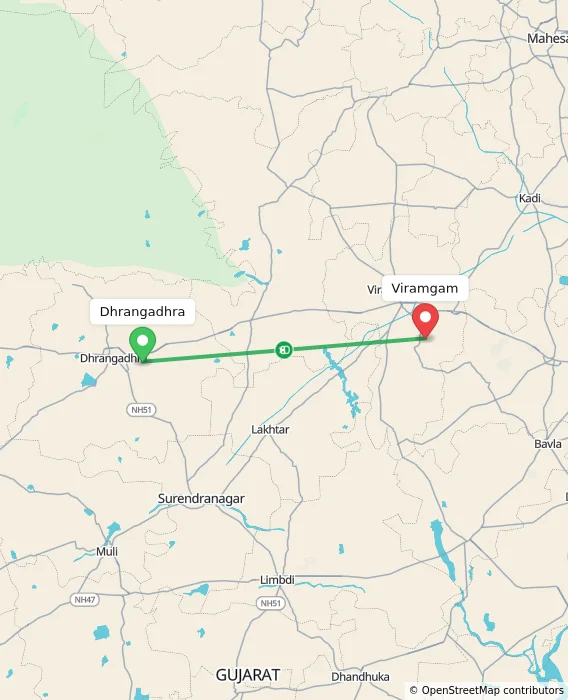 Route map showing distance and travel time from Dhrangadhra, India to Viramgam, India