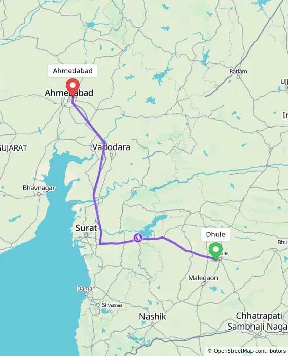 Route map showing distance and travel time from Dhule, India to Ahmedabad, India