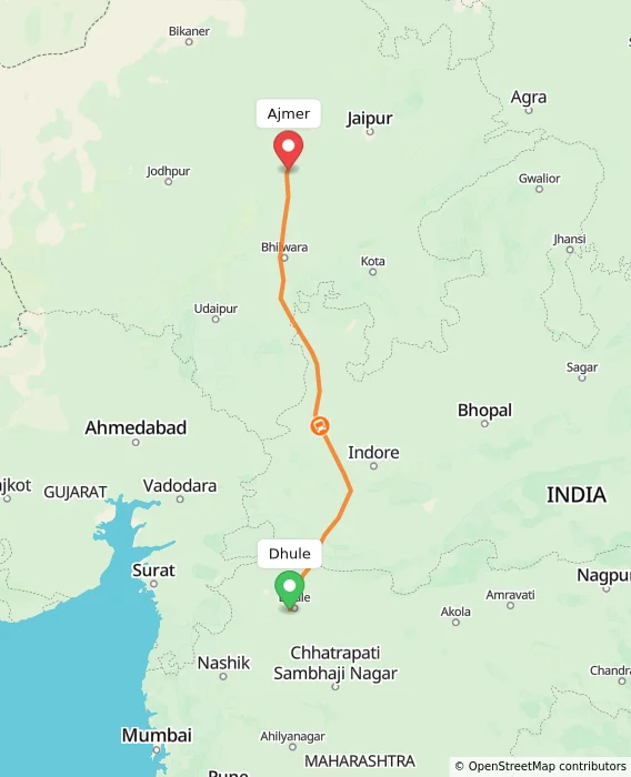 Route map showing distance and travel time from Dhule, India to Ajmer, India
